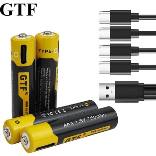 GTF 1.5V AAA 500mAh Type-C USB Rechargeable Battery 1.5V 750mwh For Remote Control Toys Flashlight Microphone AAA batteries