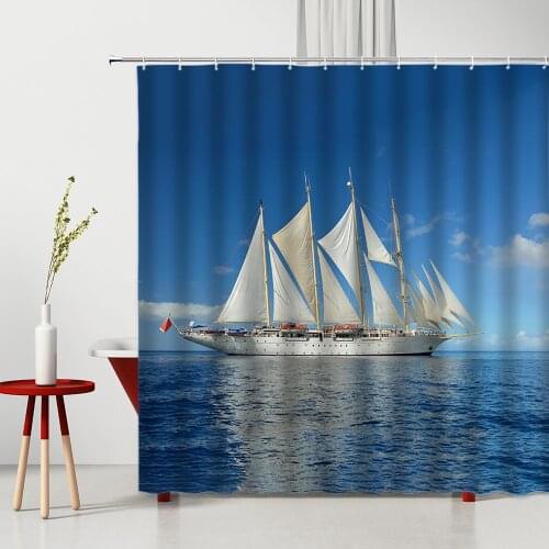 White Sailing Boat Shower Curtain Ocean Landscape Navigation Tropical Bathroom Decor Home Supplies Bath Cloth Curtains Washable