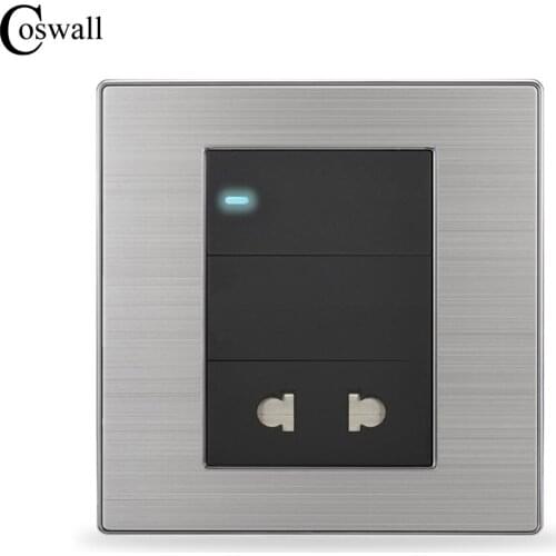 Coswall 1 Gang 2 Way Light Switch with Universal 2 Hole Socket Enchufe Luxury Wall Stainless Steel Panel Electrical Outlet