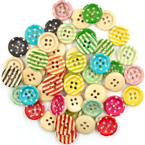 50Pcs Stripes Wooden Button Round Painted Decorative Buttons For Clothes 4-holes Colorful Sew Button DIY Craft Scrapbooking 15mm