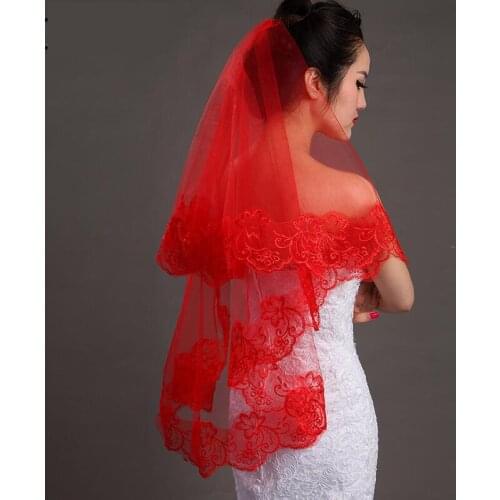 Cheap Bridal Wedding Veils 1.5m One-layer Red Lace Egde Formal Short Veil Veu De Noiva Marriage Accessory C