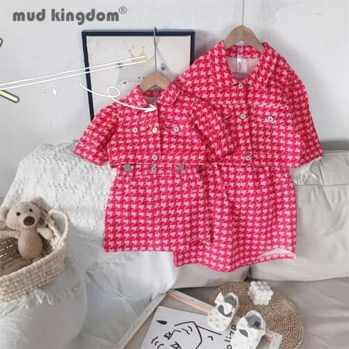 Mudkingdom Mother Daughter Denim Jacket Skirt Sets Family Matching Clothes Summer Houndstooth Tops Skirts Suits for Kids Outfits