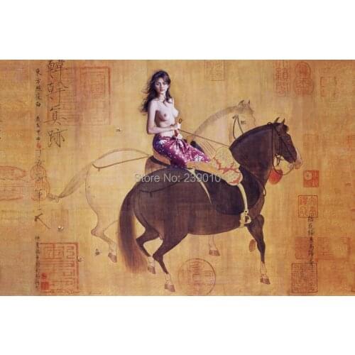 Free shipping nude art print oil painting Chinese women ride a horse oil painting on canvas hotel decoration picture