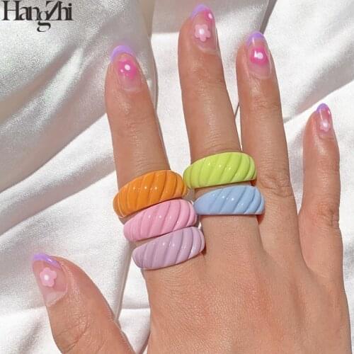 HangZhi 2021 New 5 pcs/set Rainbow Color Personality Cute Flower Crescent Geometric Rhinestones Soft Pottery Ring for Women