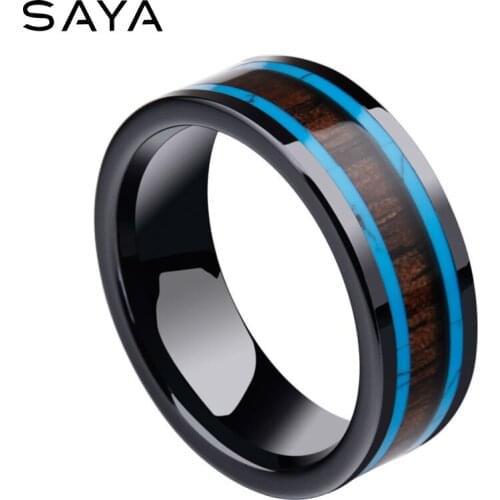 Men Ring, Ceramic Band 8mm Width Inlay Wood and Turquosie Surface for Anniversary, Free Shipping, Customized