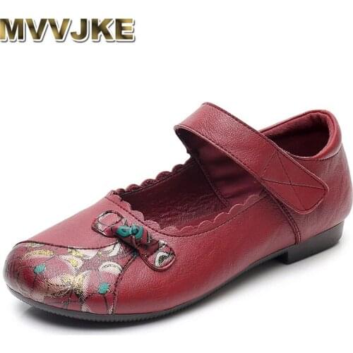 MVVJKE Spring and Autumn Mothers Single Shoes Leather Soft Sole Light And Comfortable Flat Ethnic Style Womens Low Heel Flats