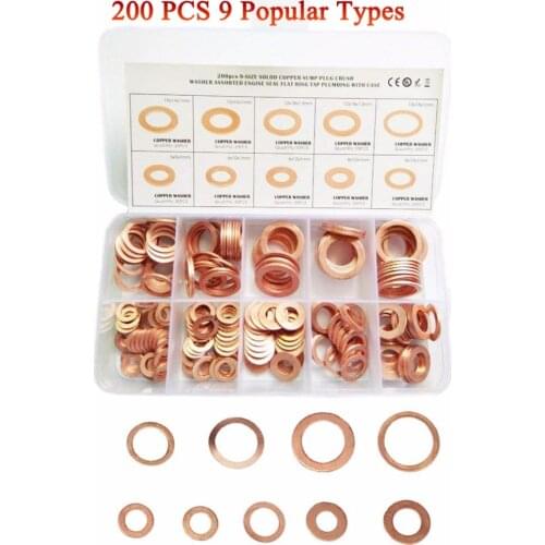 Copper Washer Assortment Set9 Style Size 200 PCS Copper Flat Washer Gasket Metric Sealing Washers Assortment Kit Auto Repair Too