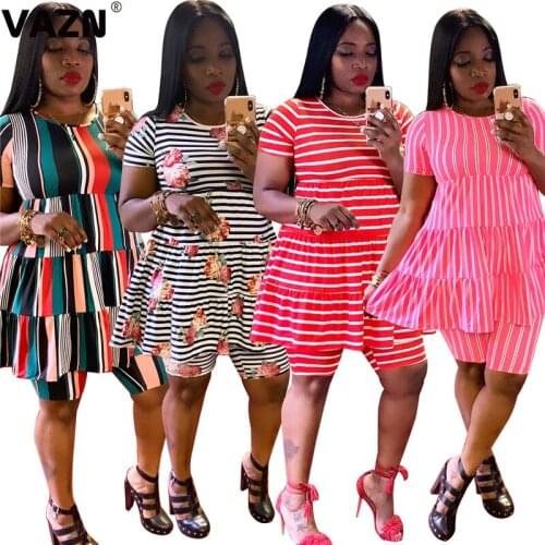 VAZN New Summer 2020 Sport Striped Short Sleeve Short Pant Casual O-Neck Sets Sexy Shinny Women 2 Piece Set