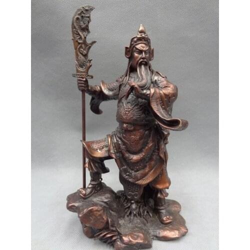 Song voge gem S3007 10" Chinese Bronze Warrior King Dragon Head Saber Stand GuanGong GuanYu Statue
