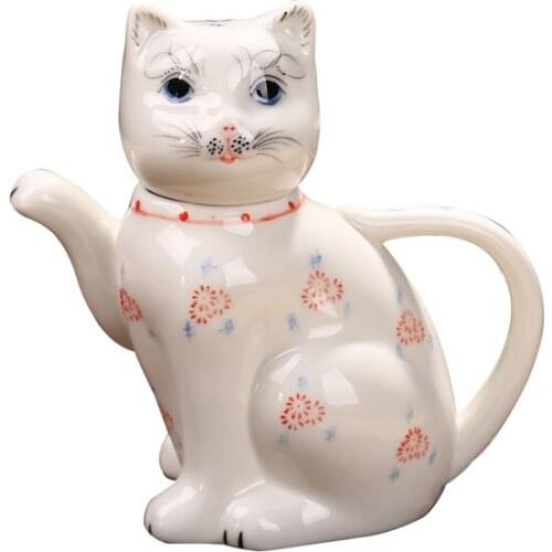 Hand-painted Blue and White Ceramic Lunky Cat Teapot Creative Animal Ceramic Tea Pot Single Pot 490ml