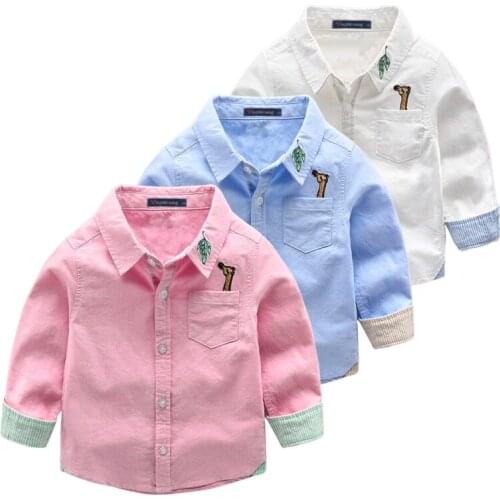 3-8 Yrs White Blue Shirts Giraffe Long Sleeved Blouses New Spring Dog Boys Shirts School Blouse for Children Kids Clothes Cotton