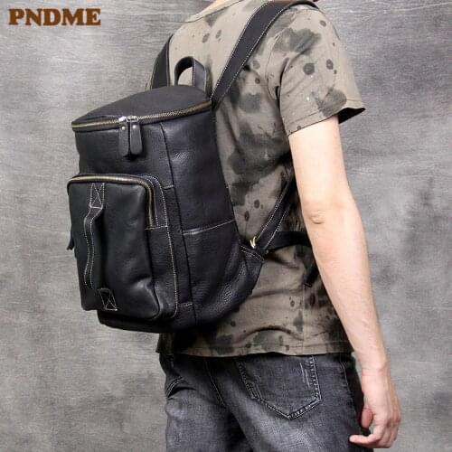 Fashion casual genuine leather mens bucket backpack designer weekend travel high quality cowhide multifunction black bagpack