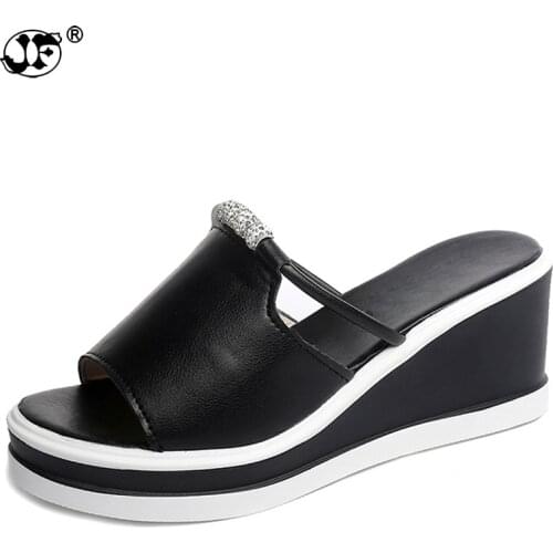 2021 Women Slipper Sandals Heels Wedges Platform Leather Peep toe Crystal Elegant Female Sandals Ladies Mules clogs Summer Shoes