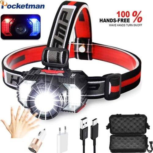 80000 Lumens LED Headlamp IR Sensor LED Headlight USB Rechargeable Built-in Battery Head Front Light COB LED Head Torch With SOS