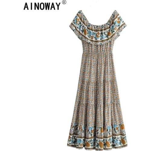 Vintage chic women floral print off shoulder slash beach Bohemian sundress Ladies rayon cotton Boho maxi dress