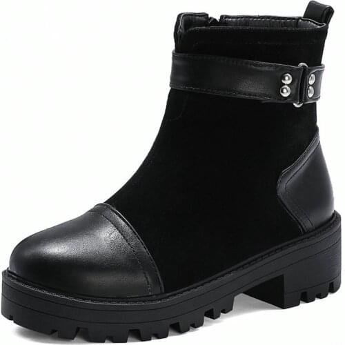 Women Fashion Martin Boots New Square Low Heel Round Toe Autumn Winter Ankle Boots Zipper Flock Splicing PU Leather Knight Boots