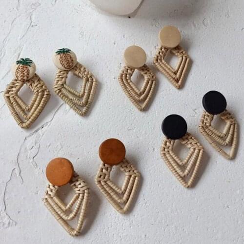 2019 Natural Bamboo Woven Bamboo Rattan Wicker Straw Geometric Square Drop Earrings Bohemian Statement For Women Jewelry Boho