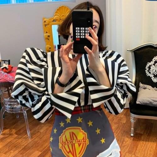 Korean Chic Spring Niche O Neck Black and White Striped Loose Design Split Puff Sleeve Shirts Tops Women Fashion Streetwear 2021