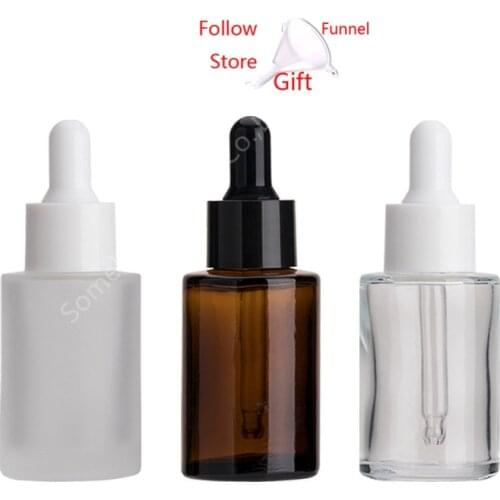10pcs 20ml 30ml Flat Shoulder Frosted Clear Amber Glass Essential Oil Serum Bottle With Glass Dropper for cosmetics essence