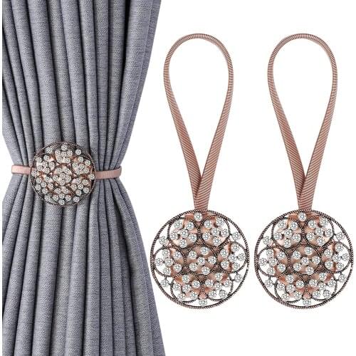 2-Pack Magnetic Curtain Tiebacks,Crystal Window Curtain Decorative Clips,No Drilling Drapery Holdbacks Flower Curtain Holders