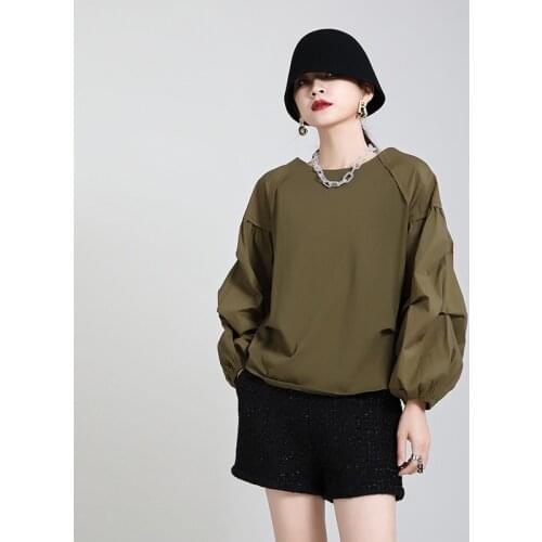 2021 Spring New Design Sense Lantern Sleeve Temperament Pullover Long Sleeve Top round Neck Fashion T-shirt for Women