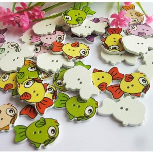 50Pcs/lot Mixed Color Cute fish Multicolor Botones 2 Holes Wooden Printing Buttons Sewing Accessories Scrapbooking