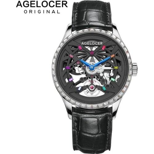 AGELOCER Original Mechanical Mens Watches Skeleton Swiss Luxury Brand Men Clock Sapphire Diamond Black Mens Watch Zegarek Meski