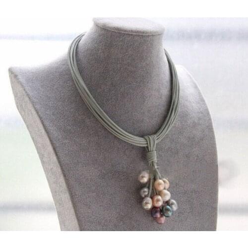 Free shipping >>>>>>15row gray leather white pink gray black pearls Choker necklace pendant