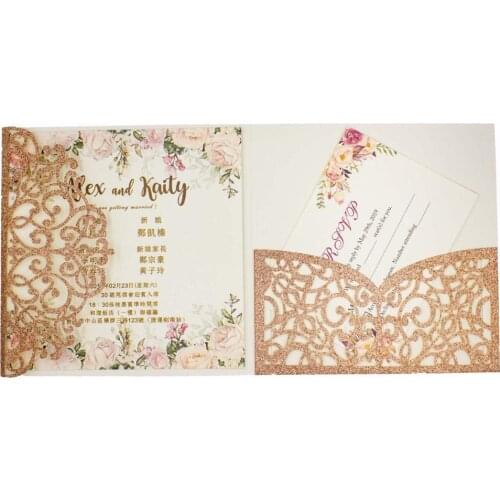 Free shipping 50X Luxury glitter gold wedding invitations envelope personalized inserts rose laser cutting pocket fold invite