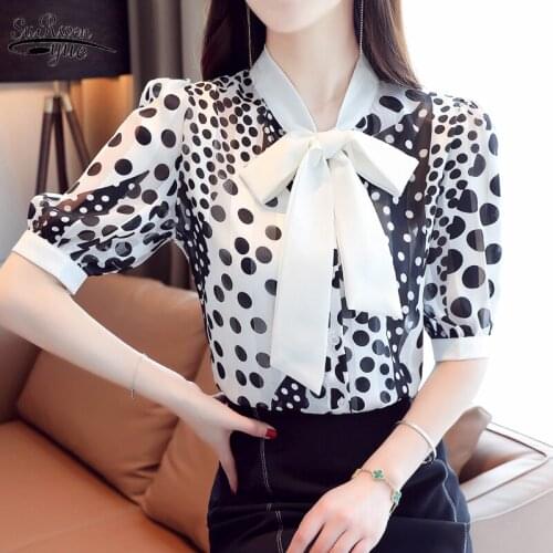 Blusas Mujer De Moda 2020 Summer New Bow Tie Polka Dot Chiffon Shirt Women Office Lady Loose Short Sleeve Blouse 9544