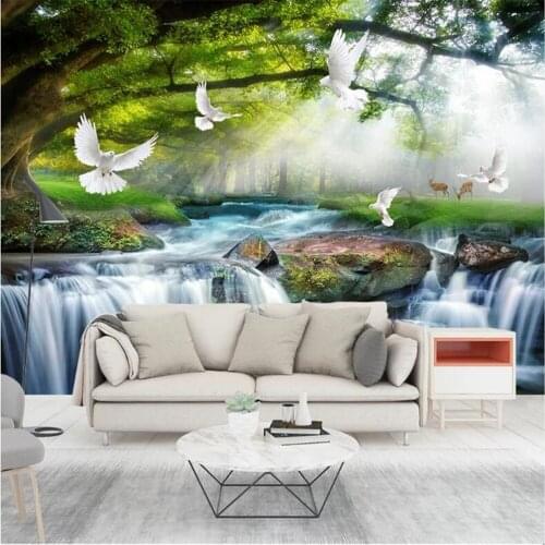 Milofi custom large mural wallpaper simple casual green big tree forest waterfall landscape tooling photo background wall