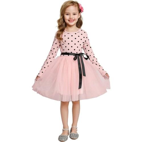 Childrens Dress Bow Polka Dots Printing Casual Dress for Little Girls Long Sleeve Party Ball Gown Dress