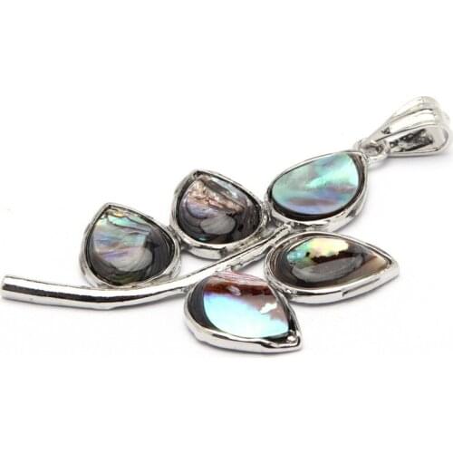 DoreenBeads Abalone Shell Pendants Zinc Based Alloy(Lead Nickel Safe) Silver Color Leaf Multicolor Jewelry 51mm x 33mm, 1PC