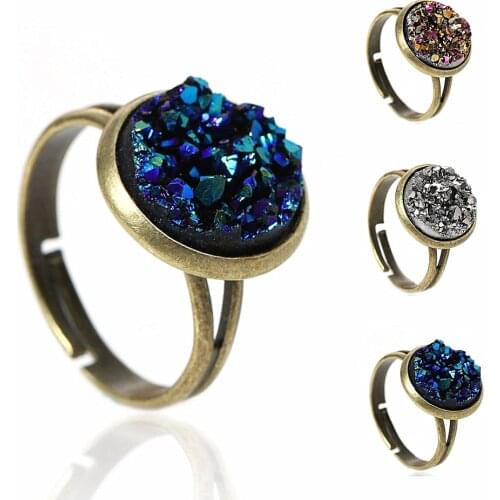 DoreenBeads Vintage Women Copper Adjustable Drusy Rings Antique Bronze Royal Blue Metal-gray AB Color 16.7mm(US size 6.25) 2PCs