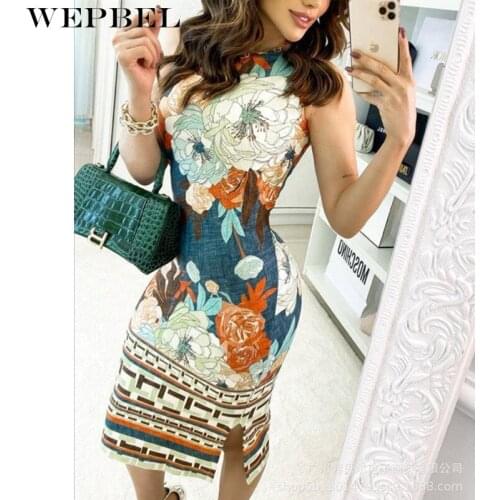WEPBEL Elegent Fashion Printing Summer Dress Casual Colorful Sleeveless Sexy Evening Prom Gown