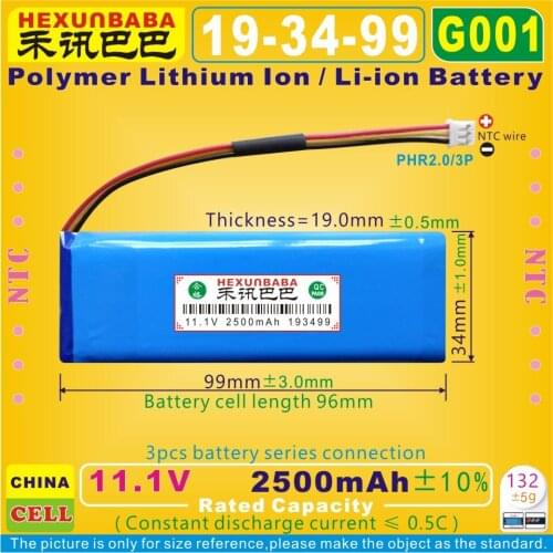 [G001] 11.1V 2500mAh [193499] PHR2.0/3P NTC;3 wire;Polymer Li-ion battery for Harman Kardon Onyx Speaker;PR-633496
