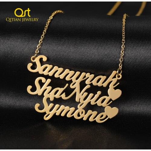 Customized Three Names Necklace Personalized Gold Stainless Steel Name Nameplate Charm Necklace Gift For Women Birthday Jewelry