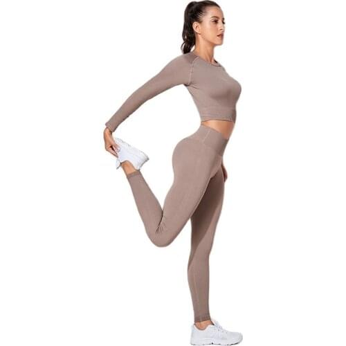 Sports Wear for Women Brown Seamless Yoga Suit for Fitness Set Ribbed High Waist Elastic Yoga Set Sports Running Gym Clothing