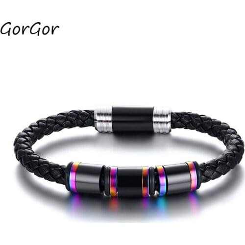GorGor New Arrivals Microfiber Leather Bracelet Stainless Steel Black Bracelet for Fashion Men Simple Jewelry Gift BL569