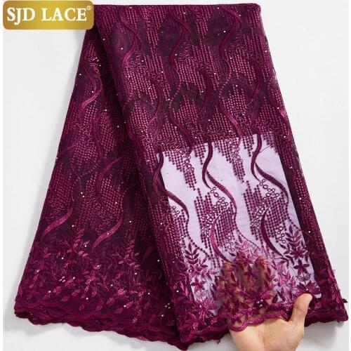 SJD LACE African Nigerian Net Lace Fabric With Beads 5Yards Mesh Materials French Lace Fabric Soft Purple Wedding Dress SewA2575