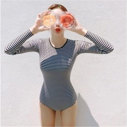 High Neck Swimsuit Swimwear Women One Piece Long Sleeve Bathing Suit Swimsuit Stripe Sexy Bathing Suit New Monokini Trikini