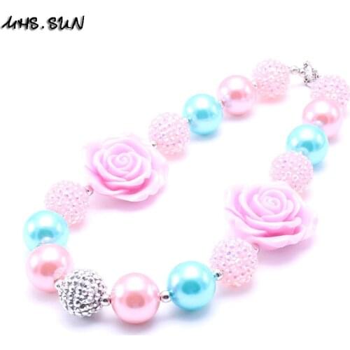 MHS.SUN Child Girls Chunky Beads Necklace With Flower Fashion Style Kids Bubblegum Necklace Handmade Party Jewelry Gifts