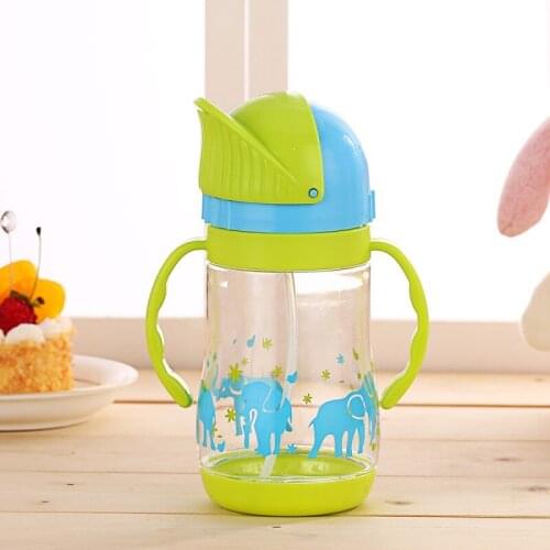Cute Double Handle Baby Trainer Cup Straw Type Kids Children Feeding Cartoon Printing 420ml