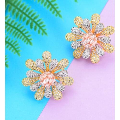 Blachette Fashion Gorgeous Cubic Zirconia Statement Earrings Flower Shape Jewelry Women Engagement Banquet Party Daily Jewelry