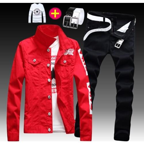 Mens Denim Jacket Single Breasted Long Sleeve Coat Jeans Pants Slim Fit 2pcs Set Free Shirt&Belt Free Shipping Male Clothing L80