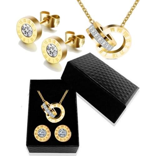 Luxury Gold Roman Numeral Necklace Earring Set For Women Wedding Party Silver 316L Stainless Steel Jewelry Set Gift Box