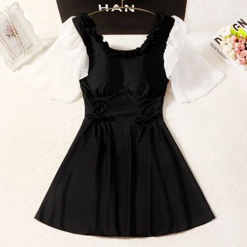 2021 New Women Black One Piece Swimwear Padded Bathing Suit Short Sleeve Swim Beach Dress Sexy Swimsuit Holiday Wear Swim Suits