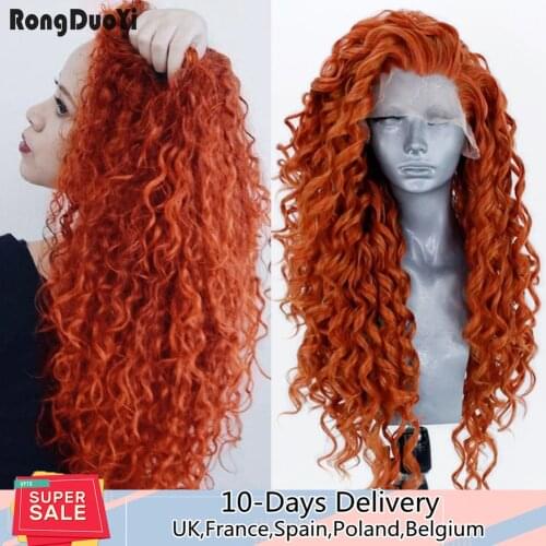 RONGDUOYI 13X6 Lace Front Wigs for Women High Temperature Fiber Synthetic Wig Orange Hair Curly Wigs Side Part Cosplay Wig