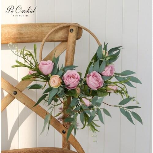 PEORCHID 2020 Purple Rose Hoop Wedding Bouquet Portable Garland Bride Bridesmaid Team Flower Artificial Bridal floral Bouquet