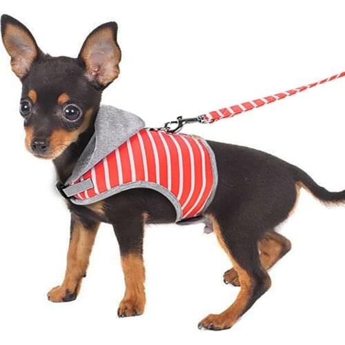Pet Cats Harness Leash 2pcs Set Soft Stripe Cotton Hooded Vest Going Out Puppy Cat Harness Walking Rope Chain for Small Pets